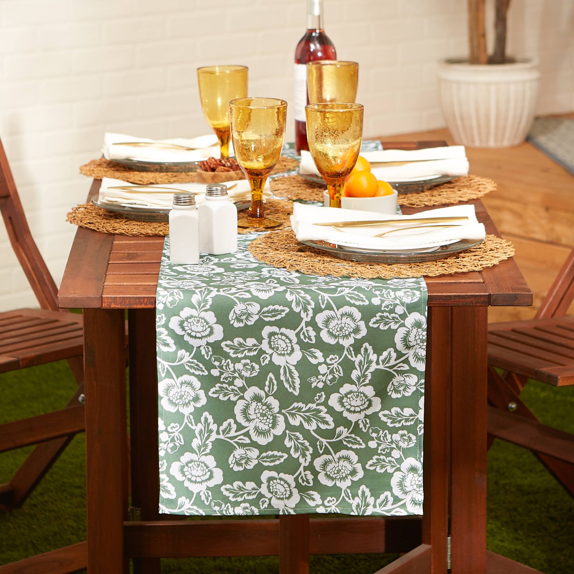 Artichoke Green Floral Print Outdoor Table Runner, 14" x 72"